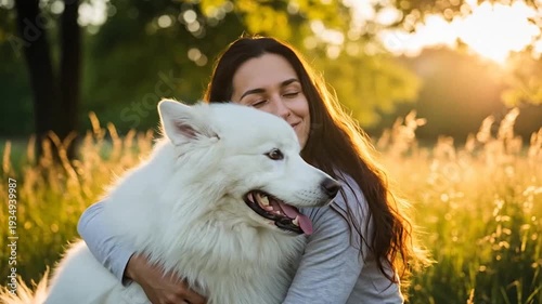 Happy young woman affectionately embracing her fluffy white Samoyed dog in a sunlit grassy field at golden hour