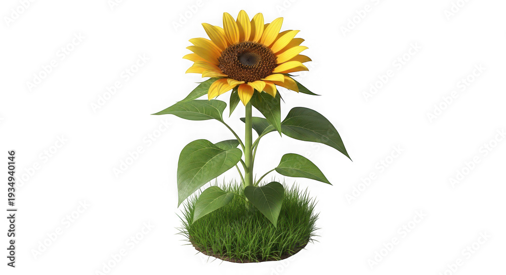 Fototapeta premium Vibrant Sunflower in Lush Green Grass Isolated on White Background