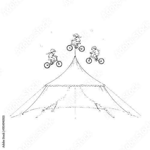 Three motorcyclists performing a stunt jump over a large tent with a dynamic illustration style