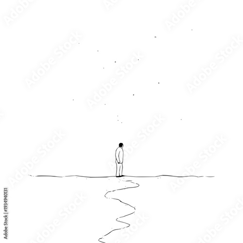Minimalistic illustration of a lone figure standing on a plain with a flowing line simple black lines on white background evoking contemplation and solitude