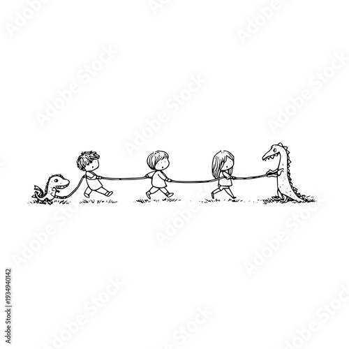 Children pulling a dinosaur with a rope in a playful outdoor setting with white background