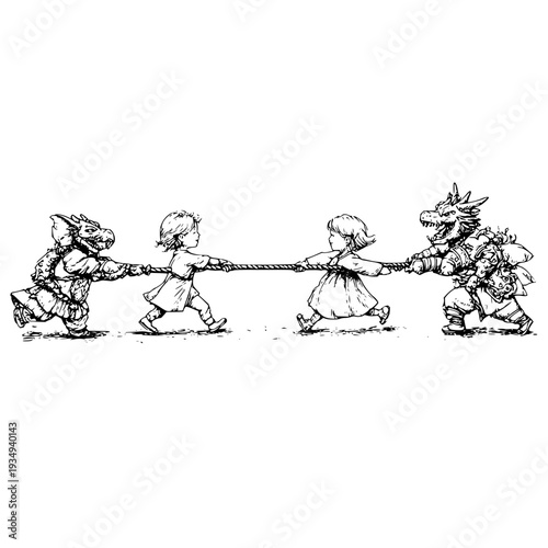 Fantasy creatures and children engaged in a fierce tug of war game with a rope illustrated in black and white showcasing a playful and imaginative scene with mythical beings