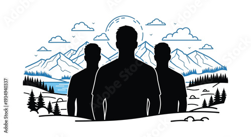 Three silhouetted figures stand before a majestic mountain landscape with a lake, pine trees, and a moonlit sky, rendered in a minimalist line art style with blue accents.