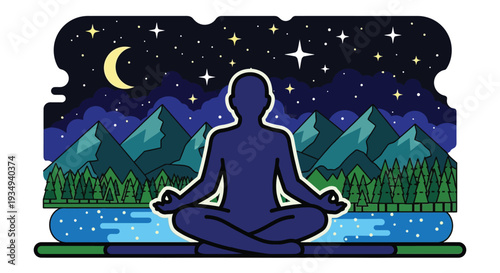Silhouette of a person meditating in a lotus position under a starry night sky with mountains and a lake.