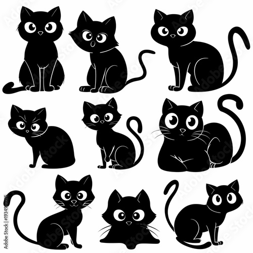 Cartoon black cat collection playful poses and silhouettes on white backgrounds