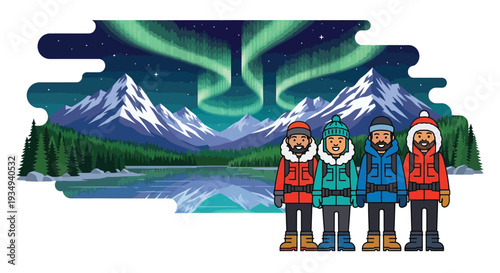 Four cartoon men in winter gear stand before a stunning aurora borealis over snow-capped mountains and a reflective lake.