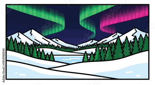 A vibrant illustration of the aurora borealis illuminating a serene winter landscape with snow-capped mountains, evergreen forests, and a frozen lake under a dark sky.