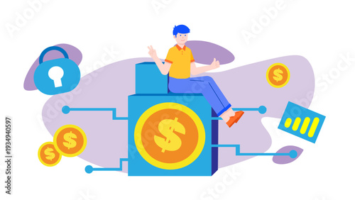 Concept of cryptocurrency and blockchain finance with a man sitting on a digital coin block