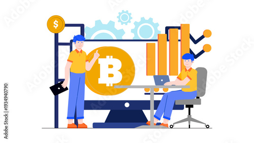 Team managing cryptocurrency and blockchain finance assets using digital monitor and charts