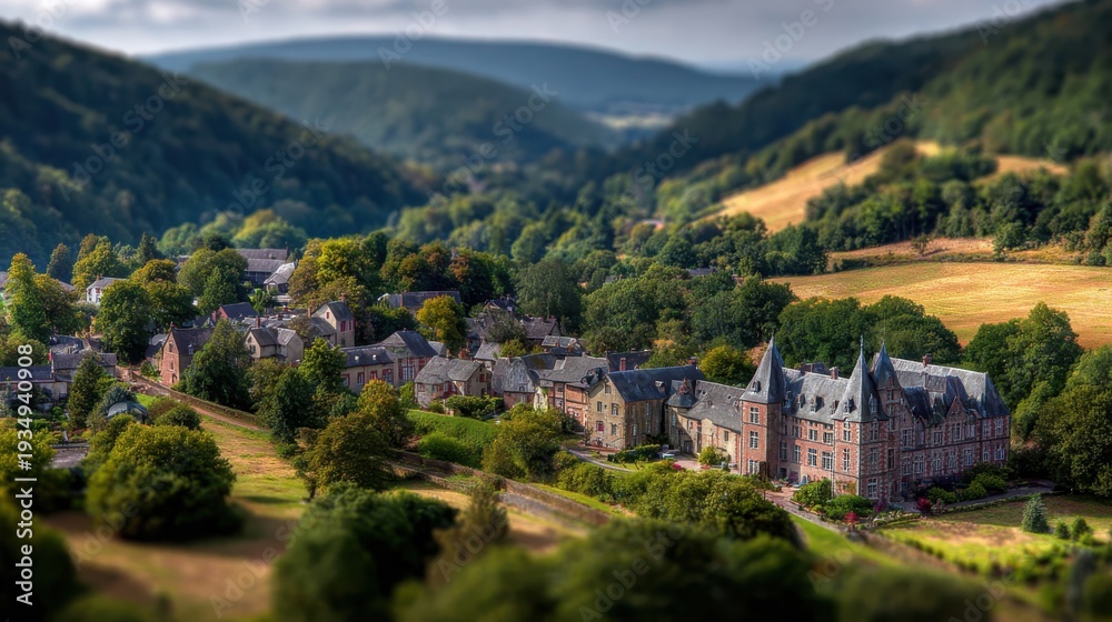 Fototapeta premium Charming European village nestled in a lush green valley with traditional architecture and scenic rolling hills.