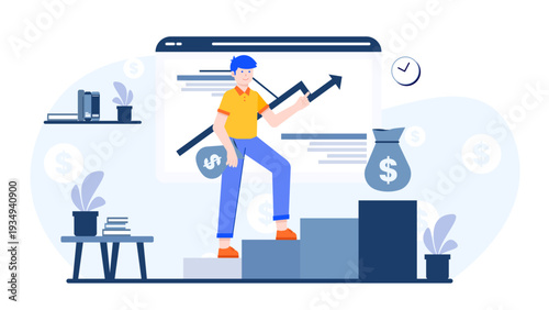 A man climbing stairs representing business profit and revenue growth with money bags