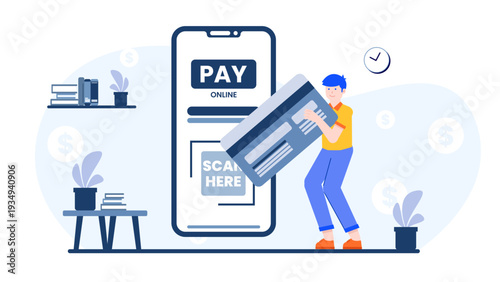 A man holding a large credit card to perform digital payment and online banking on a giant phone