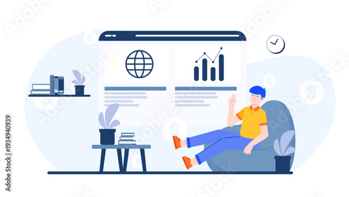 Professional relaxing while monitoring global digital business transformation and data analytics