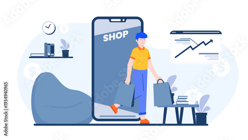 Man walking out of a giant smartphone screen carrying shopping bags for e-commerce concept