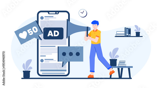 Marketer using a megaphone to promote a digital advertising campaign via social media