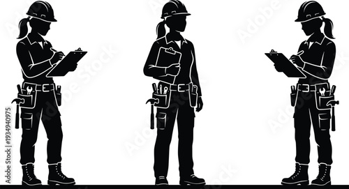 Professional female construction worker silhouettes wearing hard hat and tool belt holding clipboard for site inspection building management and industrial architectural project engineering