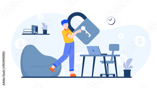 Man securing business data with a large padlock and key for digital safety and protection