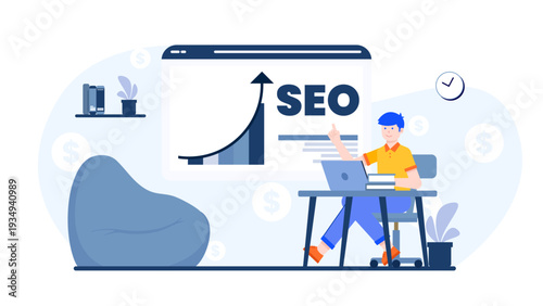 Professional working on SEO optimization to increase website traffic and search engine ranking