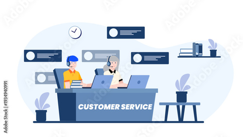 Professional customer service and support team with headsets working at their desks to help clients