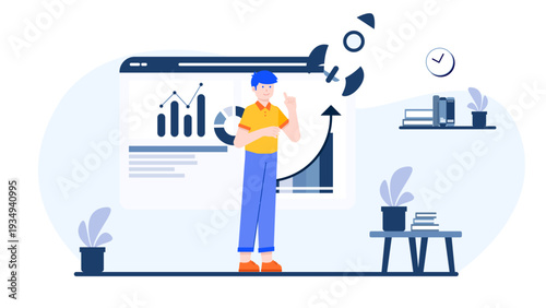 Entrepreneur preparing for a startup launch and business development with data analysis and growth charts