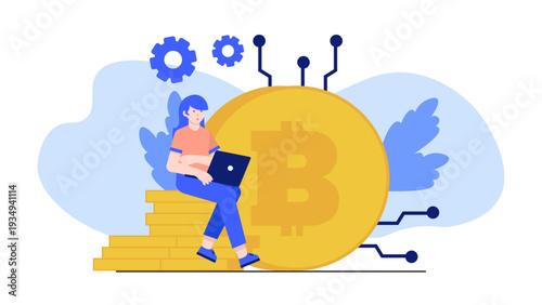 Illustration of a woman sitting on coins representing cryptocurrency and blockchain finance