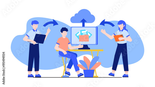 Team synchronizing data and files using cloud computing technology for business efficiency