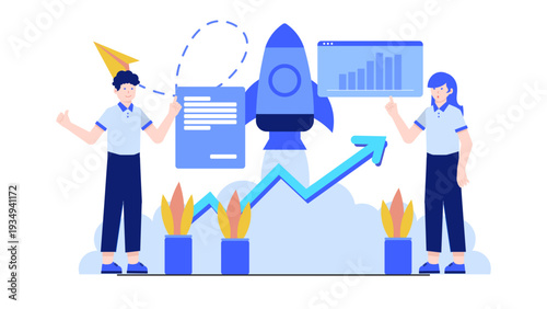 Entrepreneurs launching a rocket symbolising a new business startup