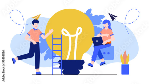 Creative team working around a giant lightbulb to find new ideas