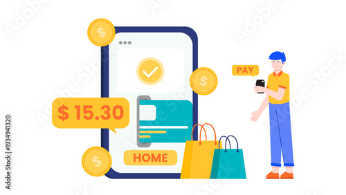Illustration of mobile digital payment and online banking process showing a shopping transaction and credit card