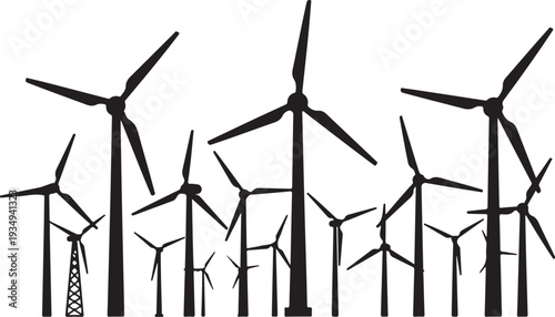 Wind turbines generating clean energy on a white background