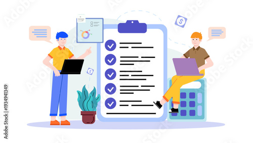 Business team performing budget planning and financial analysis using a giant checklist and calculator