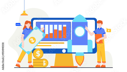Creative illustration of business profit and revenue growth featuring a rocket launch and financial data charts