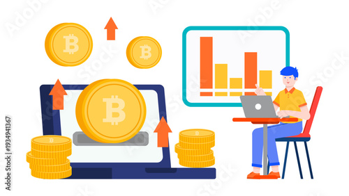 Analyst monitoring cryptocurrency market trends and blockchain finance data on a laptop and dashboard