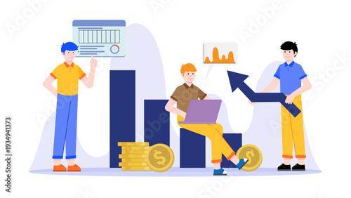 Team of professionals celebrating business profit and revenue growth with rising bar charts and gold coins