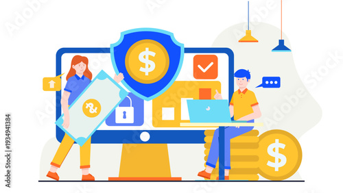 Secure digital transaction concept with cryptocurrency and blockchain technology on computer