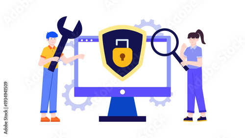 Professionals securing a computer with a shield and lock representing cybersecurity and data protection in a business environment