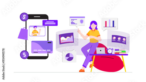 Woman sitting on bean bag managing digital business transformation through mobile and cloud interface