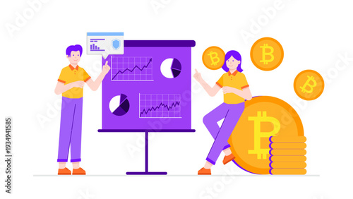 Team of experts discussing cryptocurrency trends and blockchain data with bitcoin icons