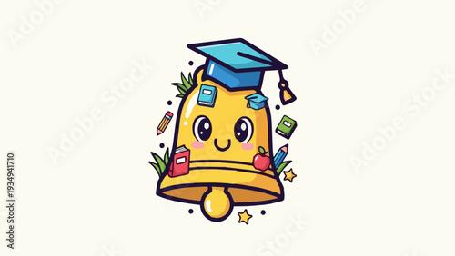 Friendly school bell logo, kids education mascot, bold outline, flat design