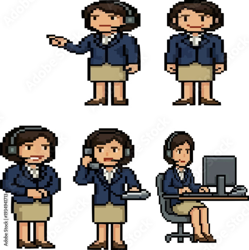 pixel art professional office receptionist character with five poses customer service sprite