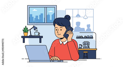 A young woman working remotely on her laptop while talking on the phone in a modern home office setting.