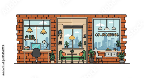 Illustration of a brick building facade with three windows revealing a home office, a cozy living room, and a co-working space with city views.