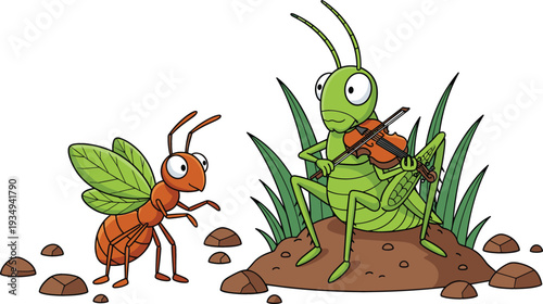 Vector Illustration Of The Ant And The Grasshopper Fable Featuring A Hardworking Ant And A Musical Grasshopper Playing Violin In A Cartoon Style For Storytelling And Educational Concepts