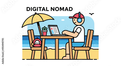 Illustration of a digital nomad working on a laptop at a beachside table under an umbrella, embodying remote work and travel freedom.