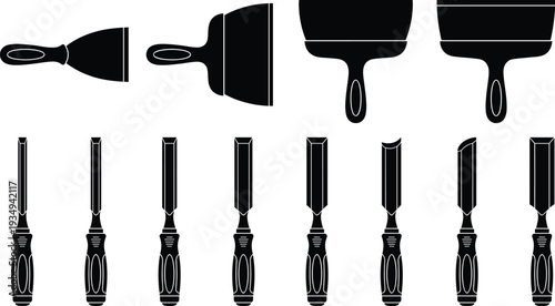 Professional woodworking hand tools silhouettes featuring wood chisels and metal scrapers for carpentry furniture restoration home improvement carving and industrial workshop renovation projects