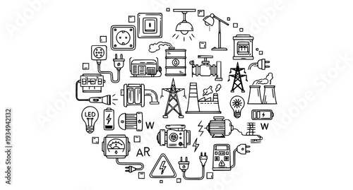 A vector graphic illustration of various electrical and energy-related icons arranged in a circular pattern