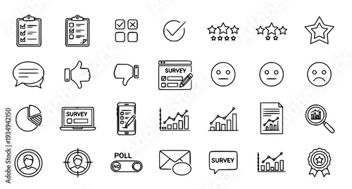 A collection of black and white line art icons representing survey and feedback concepts