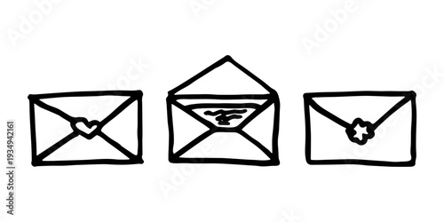 Set of hand drawn envelope with letter inside Mail and correspondence doodle Love, communication, invitation Single element for design, print, decor