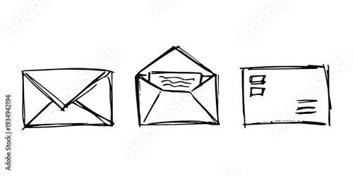 Set of hand drawn envelope with letter inside Mail and correspondence doodle Love, communication, invitation Single element for design, print, decor