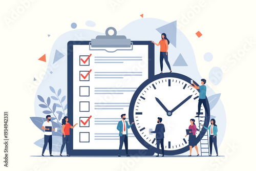 Team completing a checklist with a clock illustrating project management and timelines